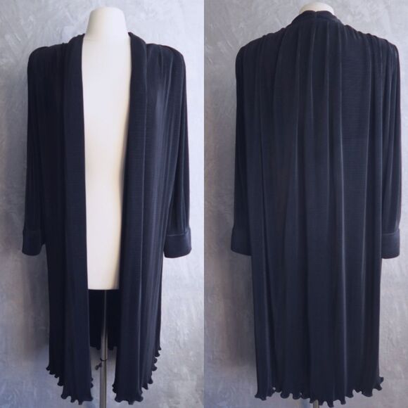 Vtg VIRGINIE PARIS Black Micropleat Jacket Size 2X-3X Longline Plisse Lettuce - Picture 1 of 10
